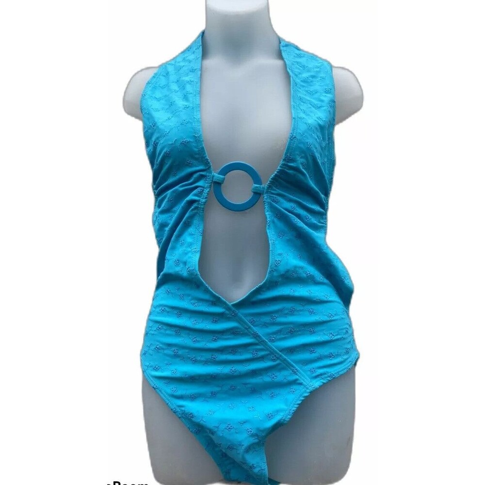 Kumbaya Monokini Swimsuit Blue Eyelet Deep Plunge Cut Out Tie Women Sz 9/10 NEW